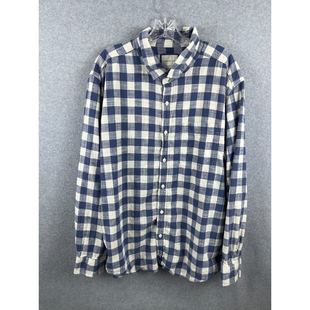 American Eagle Shirt Men's 2XL Blue White Checkerboard Plaid Long‎ Sleeve Button